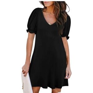 Aloodor Womens Black V-Neck Puff Sleeve Mini Shift Dress with Pockets Size Small